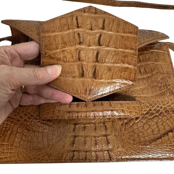 Vintage Eileen Kramer Real Alligator Leather Crossbody Pecan Brown Flap - Picture 4 of 15